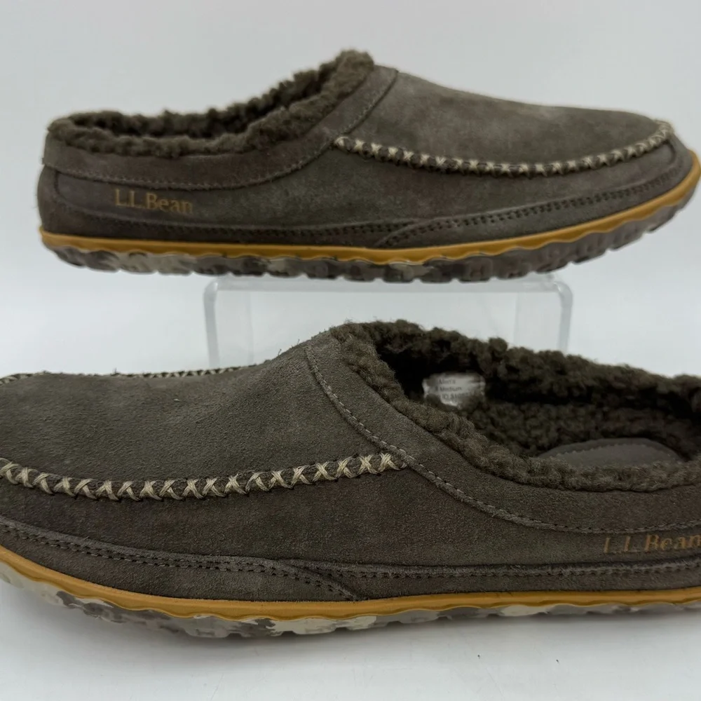L.L. Bean Mountain Moccasin Scuff Winter Slippers Mens Size 8M Gray Leather NWOB